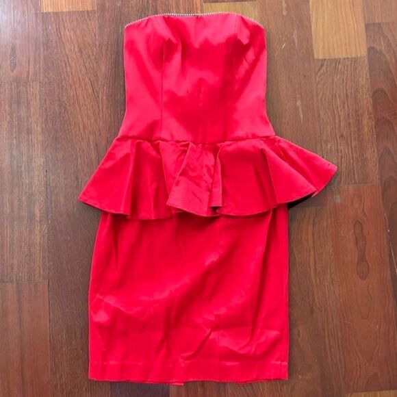 AJ Bari Vintage Red Strapless Dress Peplum w/ Bling Bow Made in USA Size 4 - Picture 12 of 14